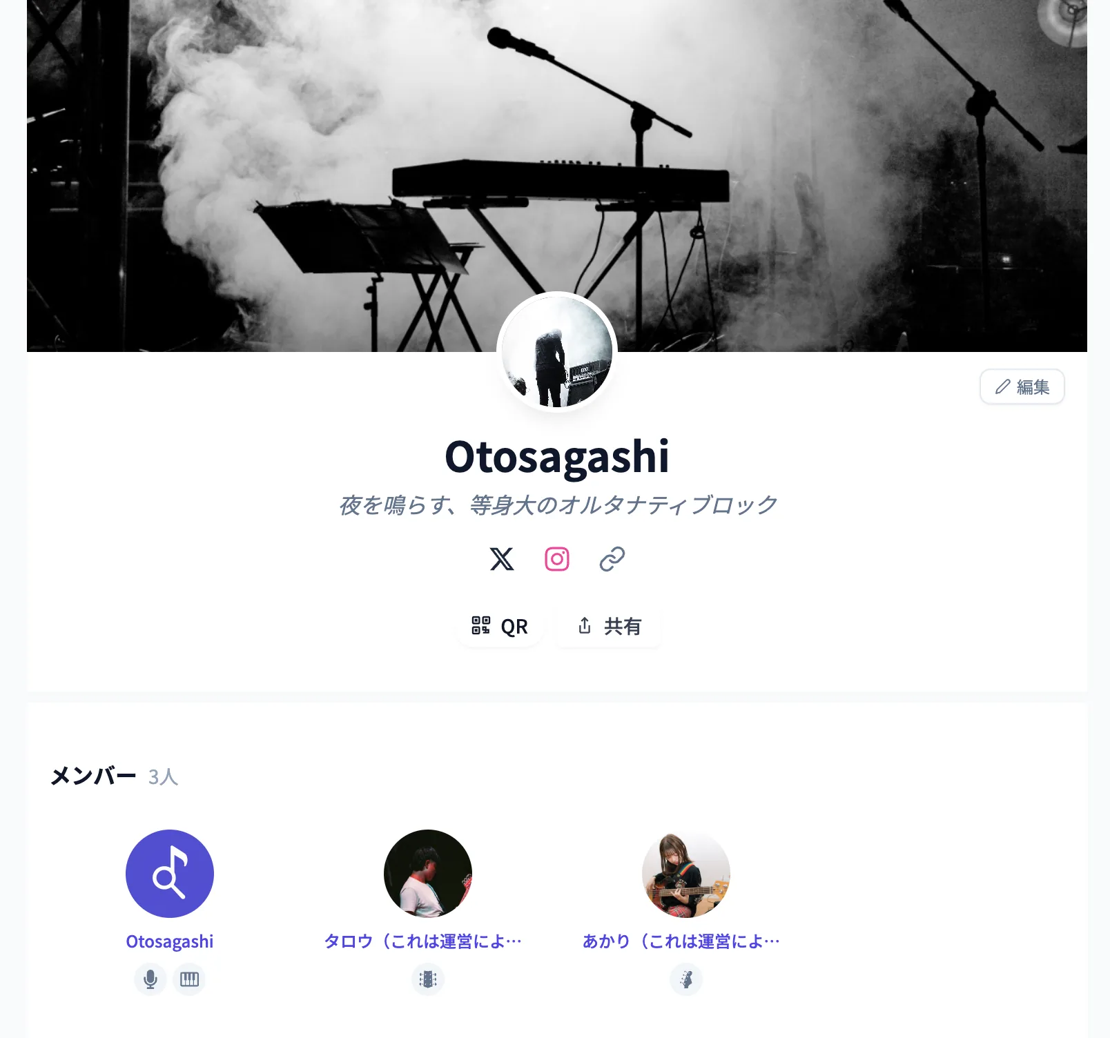 バンドプロフィールページ。カバー画像・メンバー・参考動画などを掲載できる